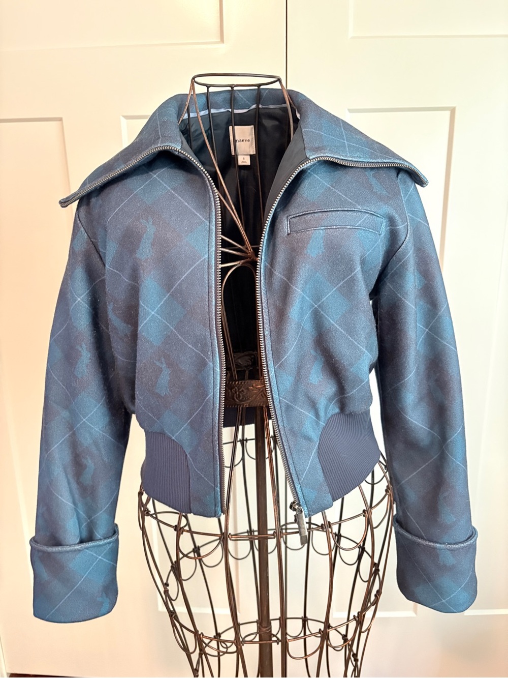 Maeve Navy and Teal Plaid Bomber Jacket
